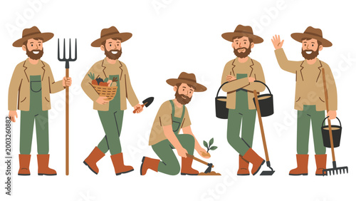 Farmer in hat working on farm with pitchfork basket vegetables tools and watering can for agriculture.