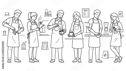 Cafe staff serving customers coffee and preparing drinks with espresso machine menu.