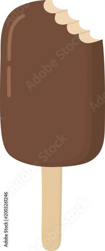 Chocolate-covered ice cream bar on wooden stick with bite taken out. Sweet dessert isolated on white background