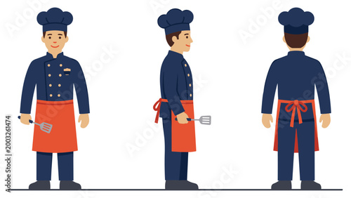 Chef in uniform front side back view holding spatula with apron and hat.