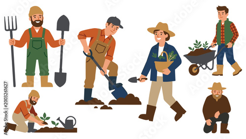 Farmers working in garden planting vegetables with tools and wheelbarrow.