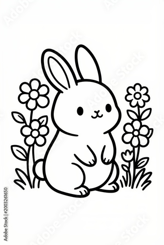Cute rabbit sitting among flowers in a playful cartoon style  