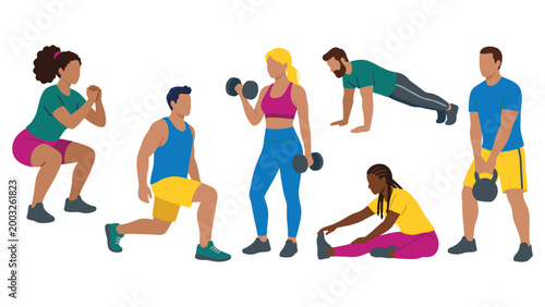 Fitness and gym workout exercises collection with diverse people training in flat style.