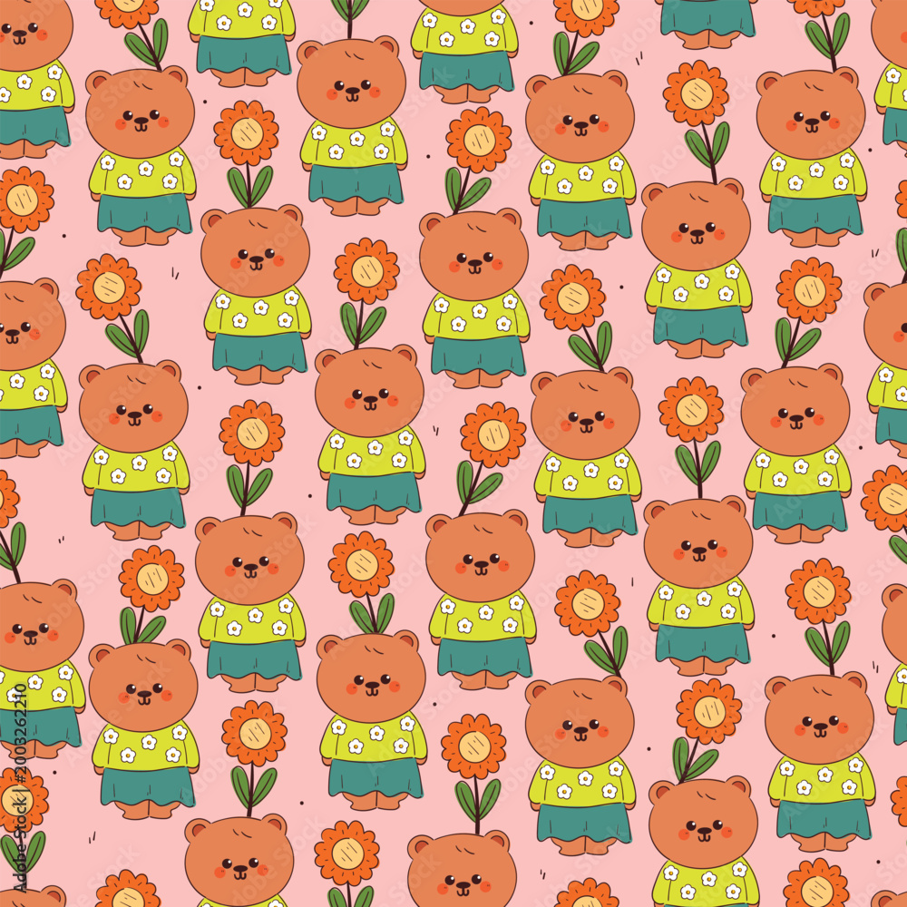 Fototapeta premium seamless pattern cute hand drawn cartoon bear wearing shirt and skirt. cute cartoon bear with flowers