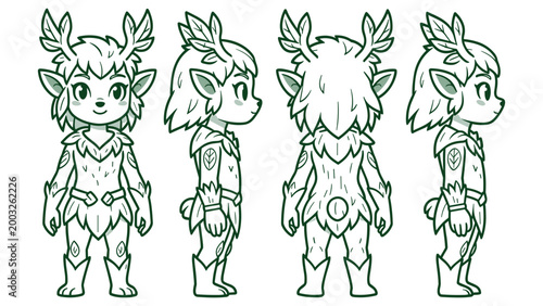 Forest elf character sheet with antlers and leaf armor for fantasy game design in green.