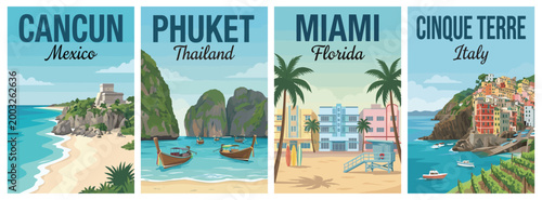Exotic coastal escapes travel poster set. Including cancun mexico, phuket thailand, miami florida, and cinque terre italy. Retro flat vector illustration.