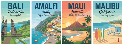 Breathtaking coastal escapes travel poster set. Including bali indonesia, amalfi italy, maui hawaii, and malibu california. Retro flat vector illustration.