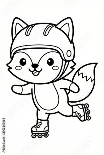 Cute cartoon fox roller skating and smiling with helmet on  