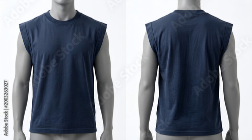 Versatile Dark Blue Sleeveless T-Shirt Front and Back View on a Model, Ideal for Apparel Mockups, Product Displays, and Casual Wear Design Concepts