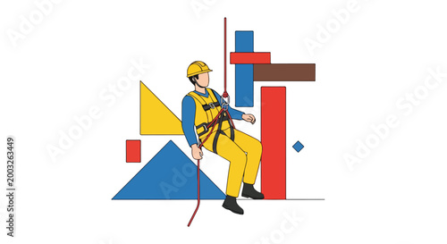 Minimal flat illustration of high-place work with safety harness, clean design, white background.