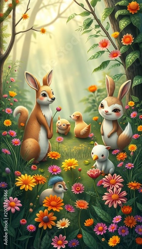 Whimsical woodland creatures surrounded by lush greenery and colorful flowers, cute, flowers