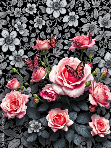 Wild roses with butterflies dancing amidst intricate black and white floral pattern, vintage illustration, flower arrangement