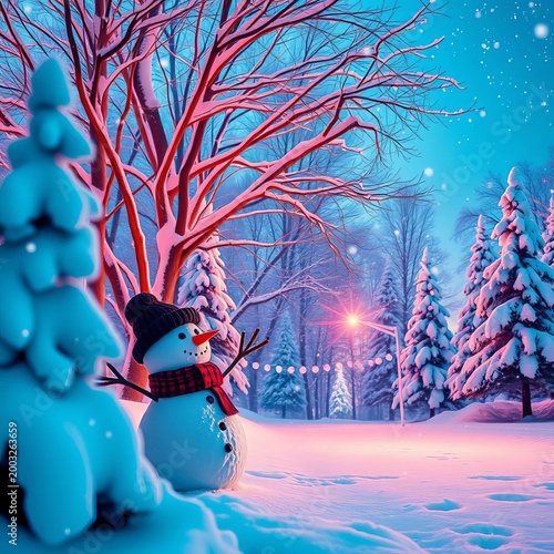 Winter Wonderland Scene with Snowman and Trees, fun, inviting