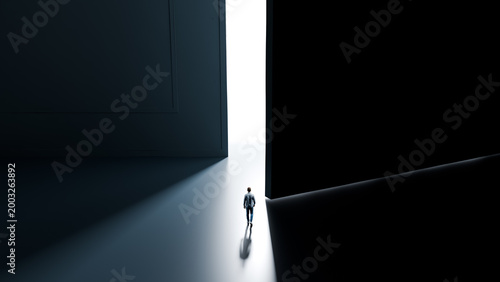 Man walking toward huge open door with bright light representing a monumental career breakthrough and major professional advancement, 3d render