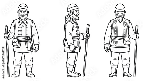 Man with wooden staff in various poses isolated on white background linear vector style.