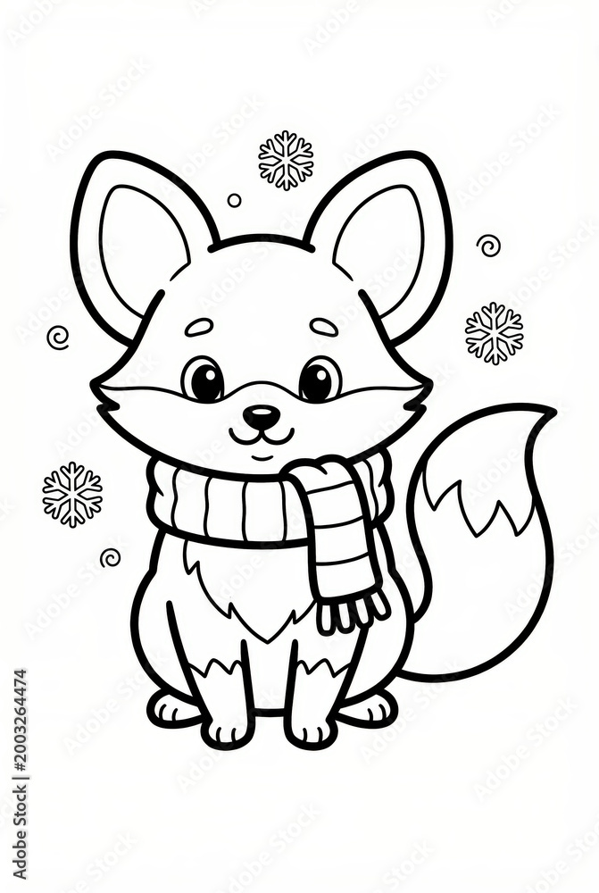 Fototapeta premium Cute fox wearing a scarf and surrounded by snowflakes in winter 