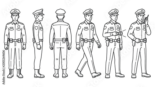 Police officer characters set in various poses line art style isolated on white background.