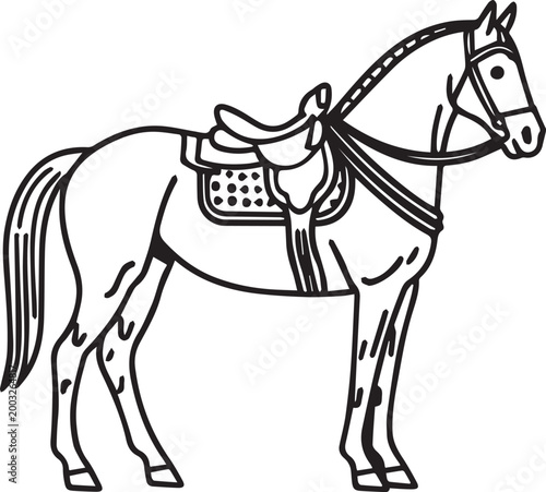 An equestrian illustration of a horse, showcasing the grace and poise of this animal, ready to ride with the saddle, perfect for equestrian-themed design or educational material.