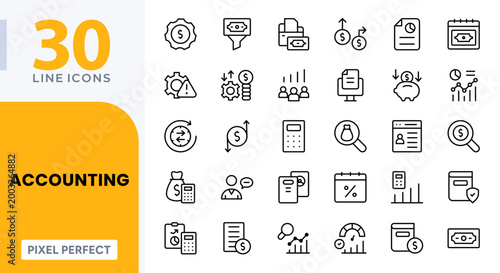 Accounting icon set. Financial auditing, business, bookkeeping, and professional banking tax report vector icons pack. Editable stroke icons