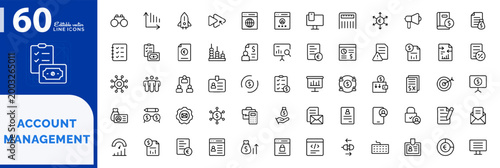 Account Management icon set. Featuring editable line symbols for financial audit, business, revenue, profit, and investment collection. Vector illustration stroke