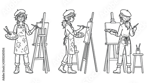 Artist painting on easel with palette and brush, creative hobby, studio work.