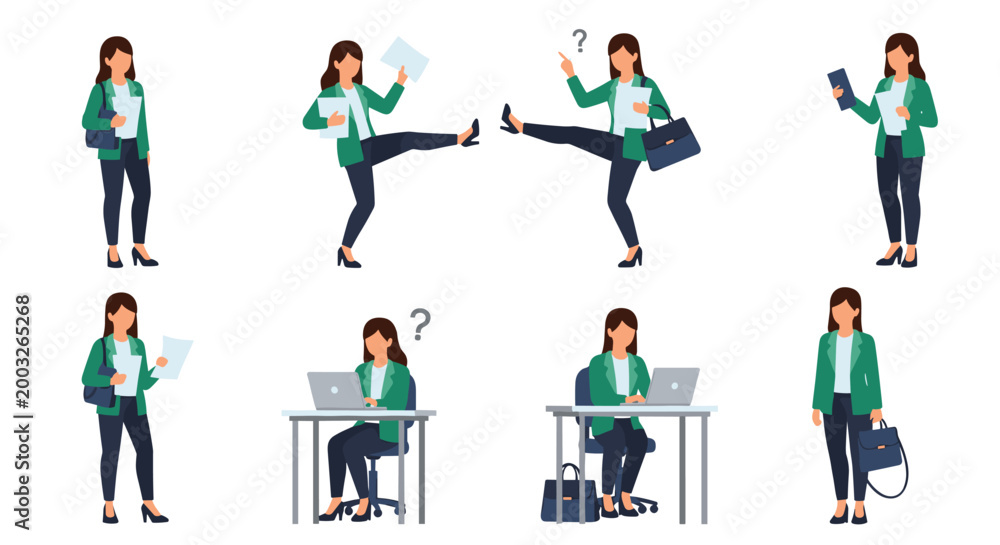 Fototapeta premium Collection of character poses showing a professional businesswoman working at a desk, walking, and expressing various emotions.