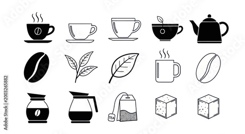 Coffee and tea icons beverages and supplies