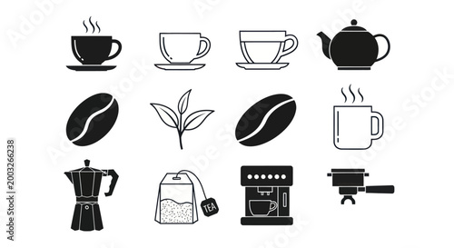 Coffee and tea icons drinks and equipment
