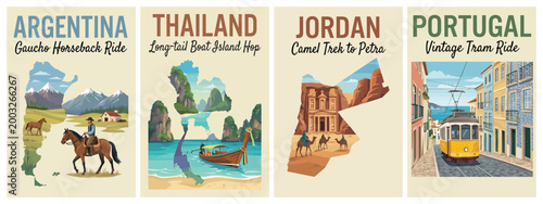 Vintage country outlines travel poster set. Including argentina horseback, thailand boat, jordan petra trek, and portugal tram. Retro vector illustration.