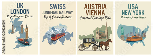 Iconic world map silhouette travel poster set. Including london canal cruise, swiss jungfrau railway, austria vienna, and usa new york. Retro vector illustration.