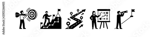 Business strategy and goal achievement icon set featuring target aiming, mountain climbing success, roadmap planning, leadership presentation, and vision for future growth.