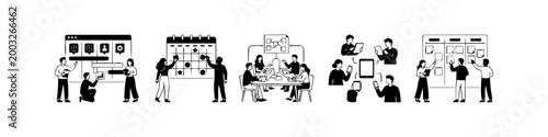 Set of minimalist black and white flat vector illustrations depicting business teams collaborating on project management, agile planning, scheduling, and digital communication.