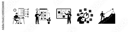 Hand-drawn minimalist black and white illustrations depicting productivity, time management, goal setting, project organization, and personal growth themes for business and lifestyle.
