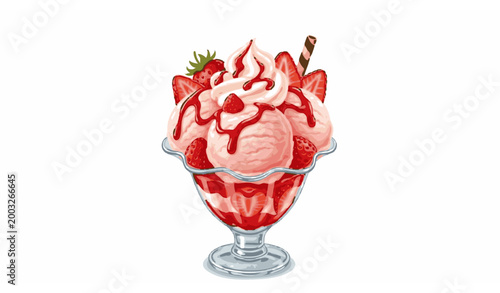 Foto Strawberry ice cream sundae in glass cup with syrup and whipped cream isolated v
