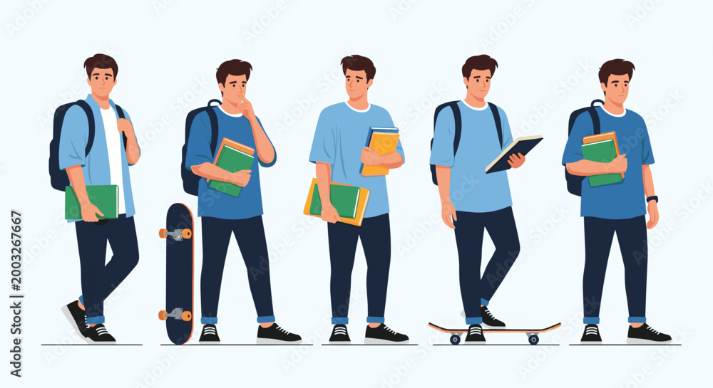 Obraz premium Group of five male students in blue shirts and jeans holding books and skateboards in various poses.