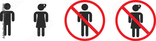 Male female restroom and prohibition icon set for public signage vector collection.