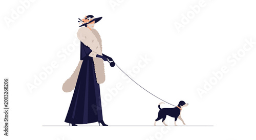 Elegant woman in a historical dark blue dress and fur stole walking a small black and white dog on a simple background.