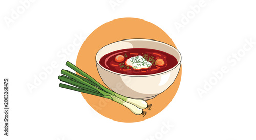 Bowl of traditional red beet soup like borscht with sour cream and green onions on a circular orange background.