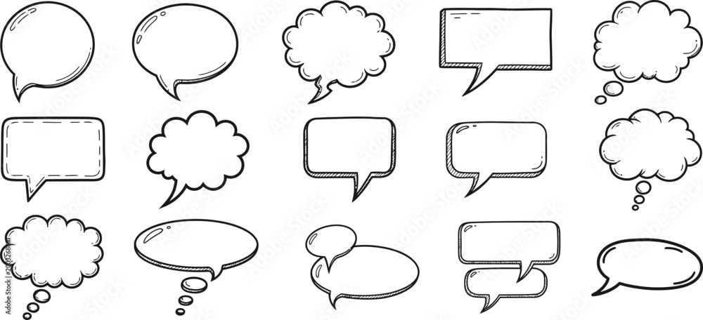 Fototapeta premium Vector speech bubbles collection of hand drawn comic dialogue boxes for design