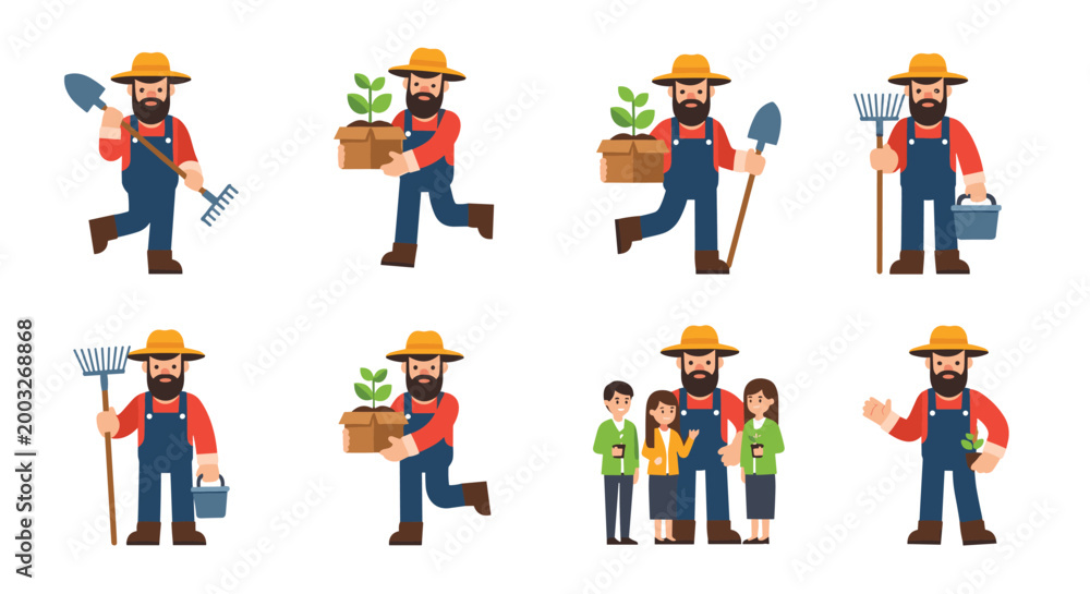 Fototapeta premium Large collection of farmer characters in various activities including gardening, carrying produce, and spending time with family.