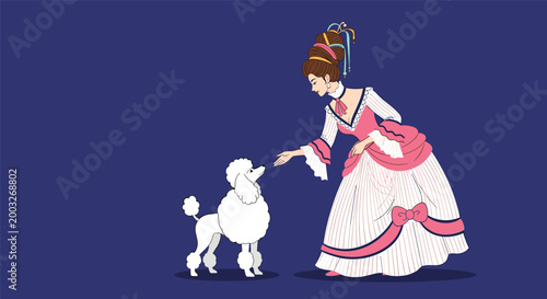 Aristocratic lady in a pink rococo gown interacting with a white poodle on a dark blue background for historical fashion themes.