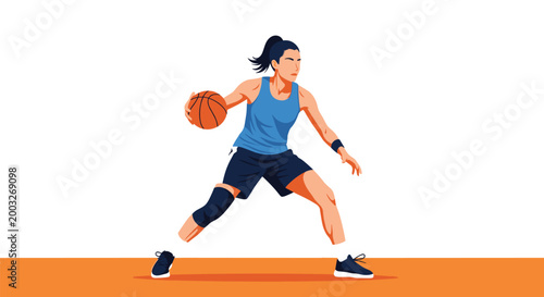 Determined female basketball player in a blue jersey dribbling a ball on a court during a competitive sports game or practice.