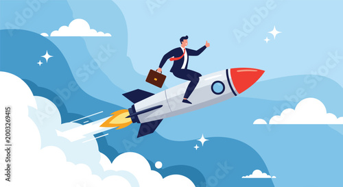 Businessman rides a rocket through the blue sky and clouds, giving a thumbs up to symbolize rapid career growth and successful achievement.
