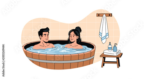Young happy couple relaxes in traditional wooden hot tub during a spa day at a wellness center with bath products.