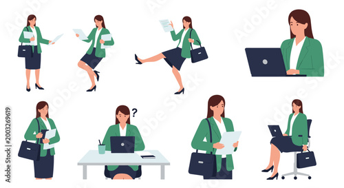 Collection of business woman characters in different poses including working on a laptop, walking, and carrying a professional bag.