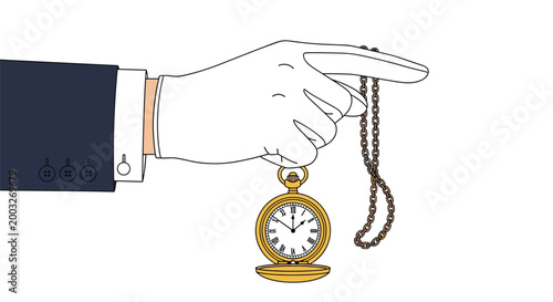Gloved hand holds a vintage gold pocket watch on a chain, pointing forward with the index finger to symbolize time management or punctuality.