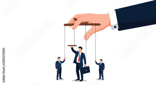 Giant hand controls small business figures like puppets with strings, illustrating manipulation, corporate power, and a lack of autonomy.