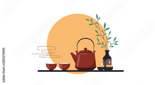 Traditional tea set with a red teapot, bowls, and a vase of leaves arranged on a table against a large sun, evoking a sense of calm and zen.