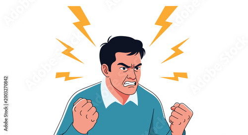 Portrait of an extremely angry man with furrowed brows and clenched fists with lightning bolts around his head for anger.