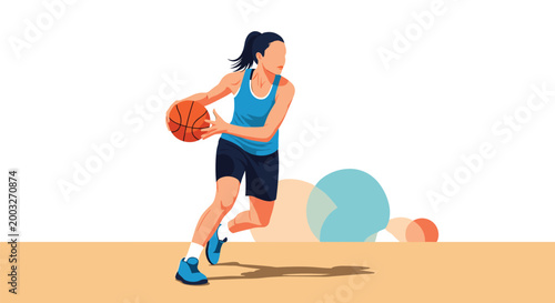 Skilled female basketball player in blue and black athletic wear dribbling a ball quickly on a clean court background.